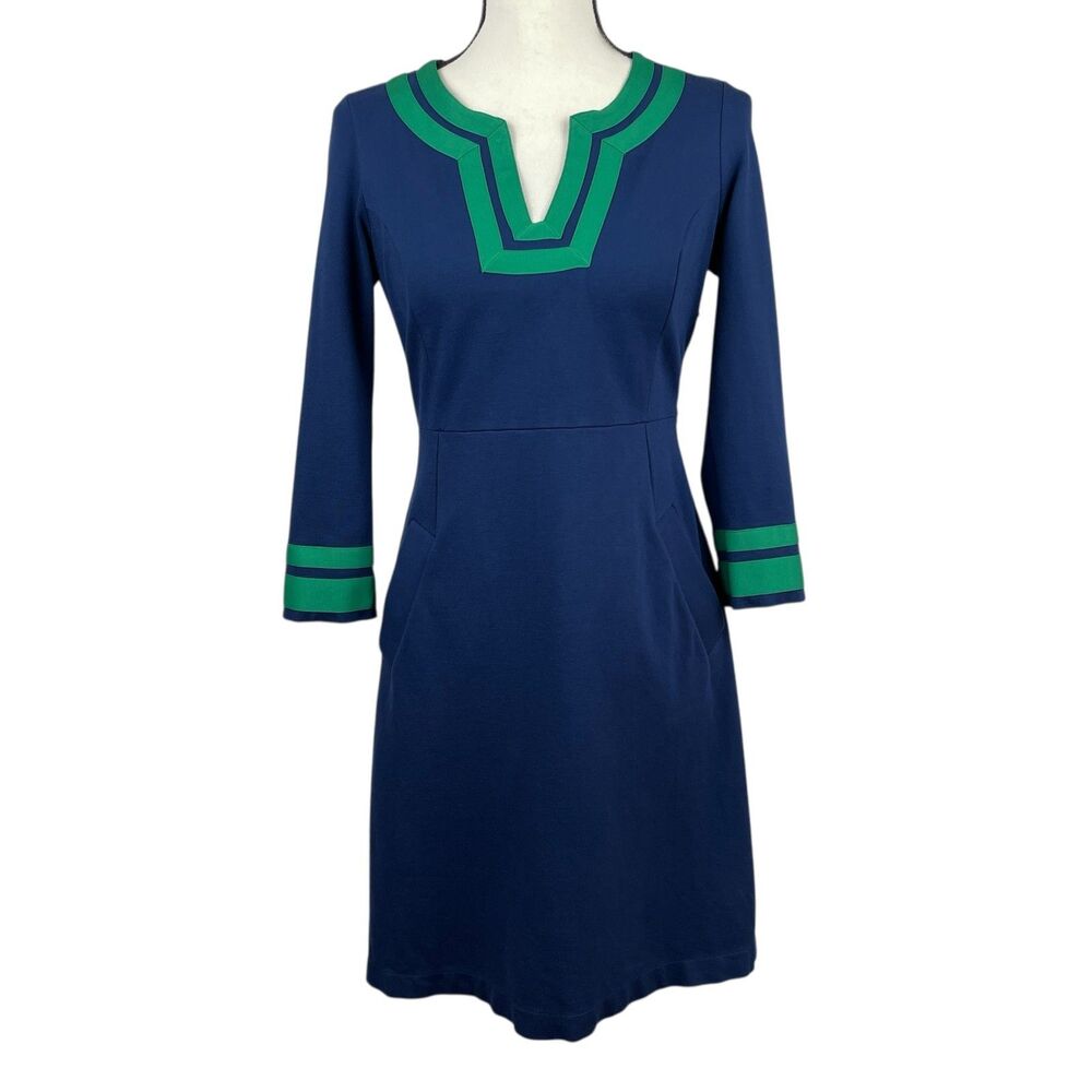 Lands End Women's Sheath Dress 4P Navy Blue Green 3/4 Sleeve Split Neck Pockets